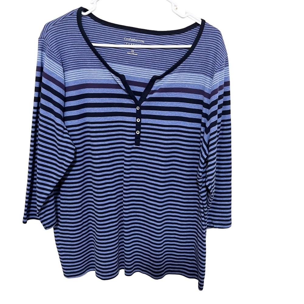 Croft & Barrow 2X Henley Popover 3/4 Sleeve Blue Navy White Purple Stripe Women